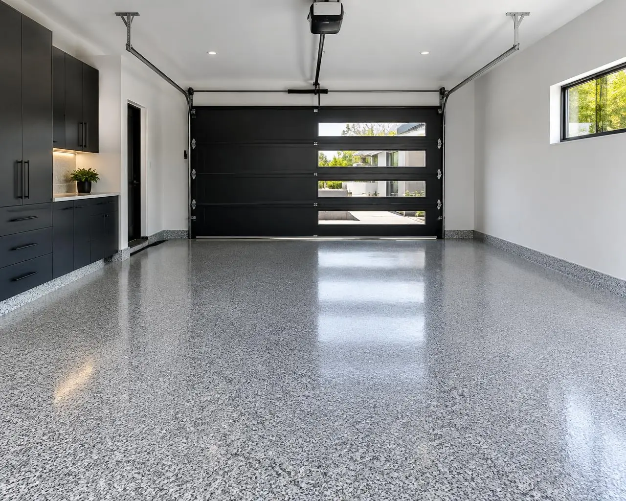 Grey and black epoxy flake floor with a glossy seamless finish in a residential garage