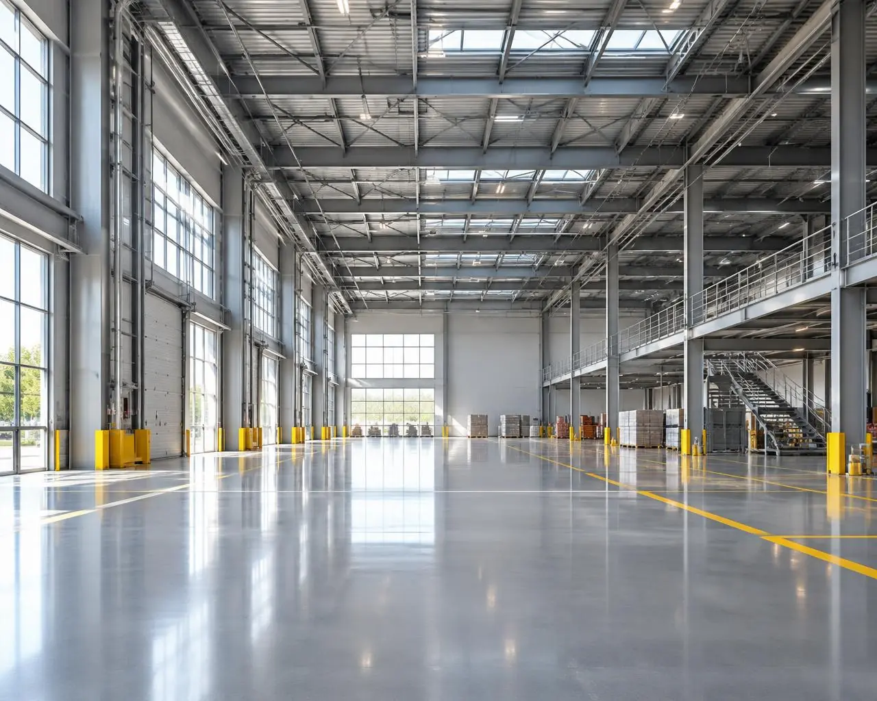 Smooth grey self-levelling epoxy floor in a large commercial space