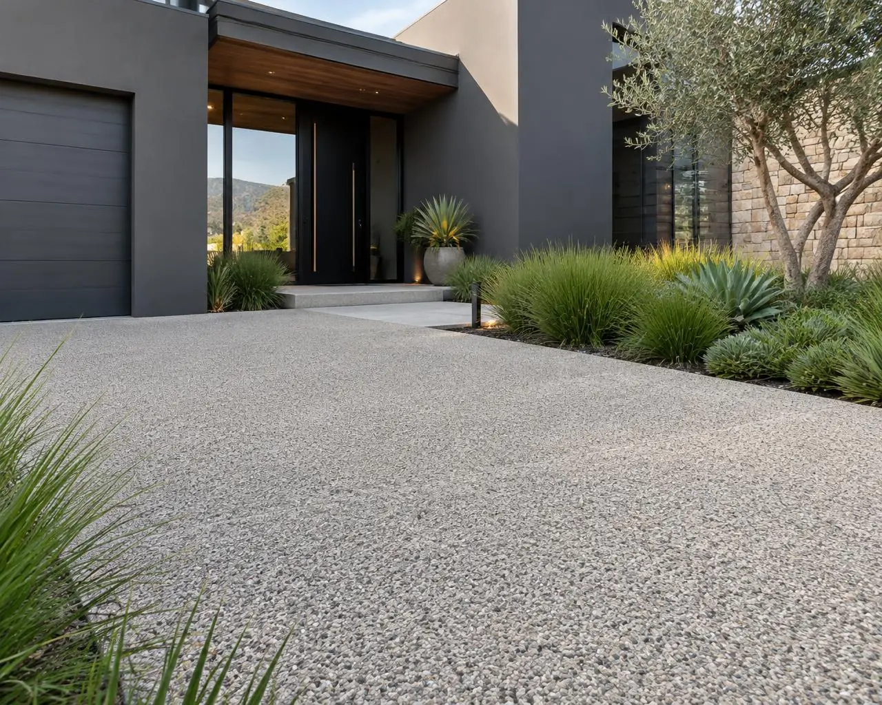 Natural stone resin bound pebble paving on an outdoor pathway